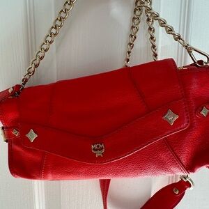 MCM Red Leather Crossbody with gold Logo Hardware and COA